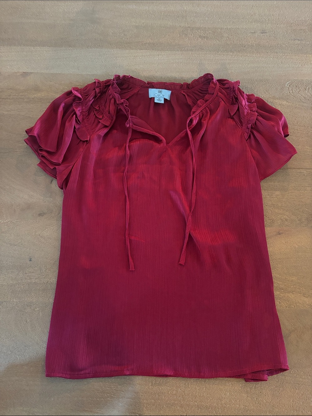 CeCe Burgundy Ruffle Tie-Neck Blouse